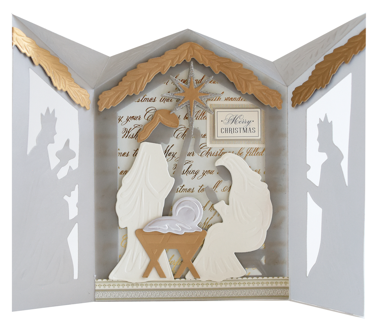 A gate-fold nativity shadow box card from the Nativity Scenes Die Set Collection, featuring a die-cut scene with Mary, Joseph, and baby Jesus under a star, with “Merry Christmas” on the back panel.