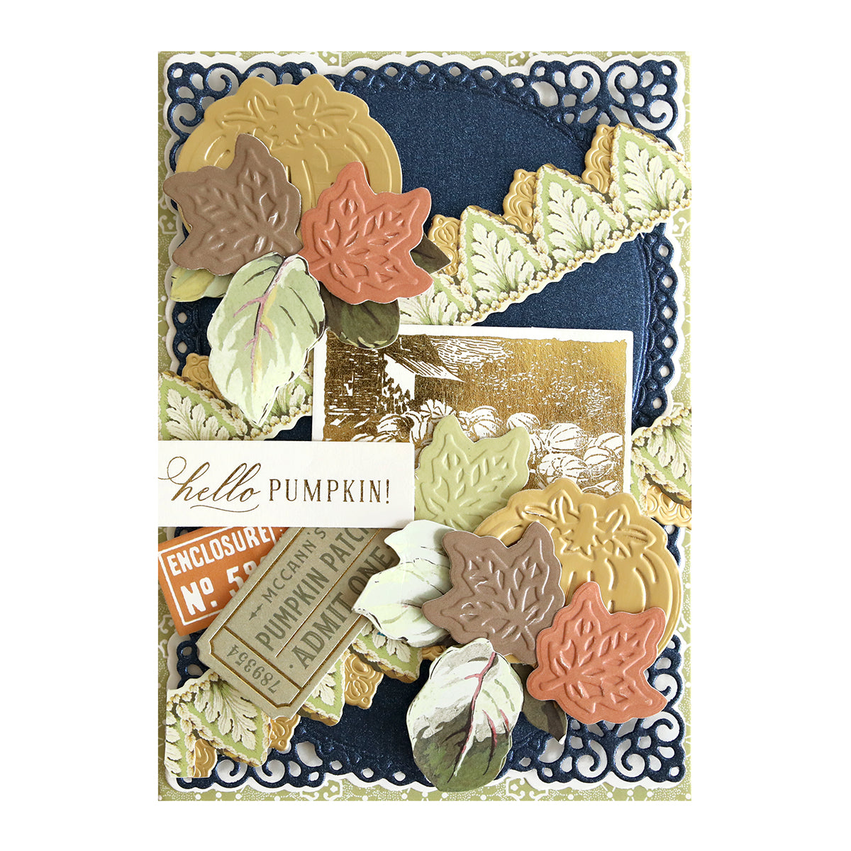 Anna Griffin - hello pumpkin stamp set for card making using Anna Griffin Navy Metallic cardstock and diecutting techniques.