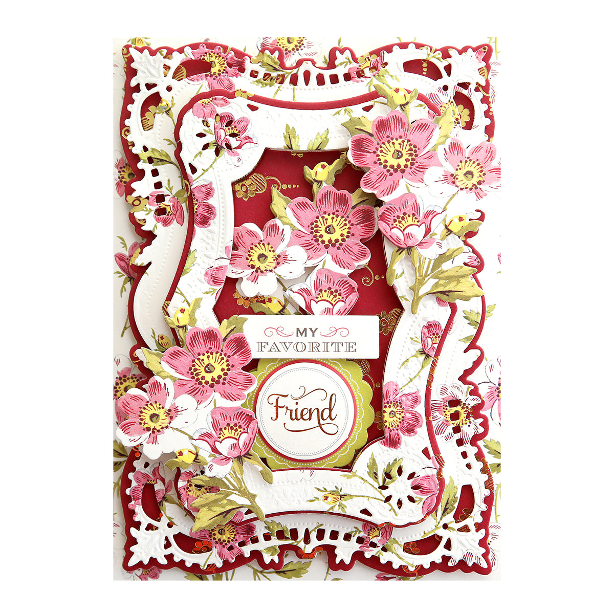 A Nearest and Dearest Sticker Bundle handmade pink and gold card with a floral design.