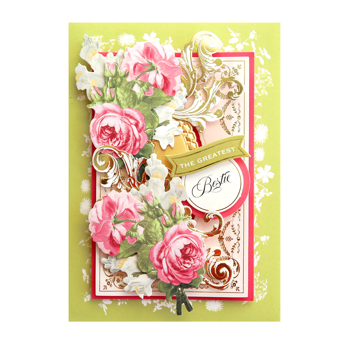 A handmade greeting card with pink roses and Nearest and Dearest stickers on a green background.