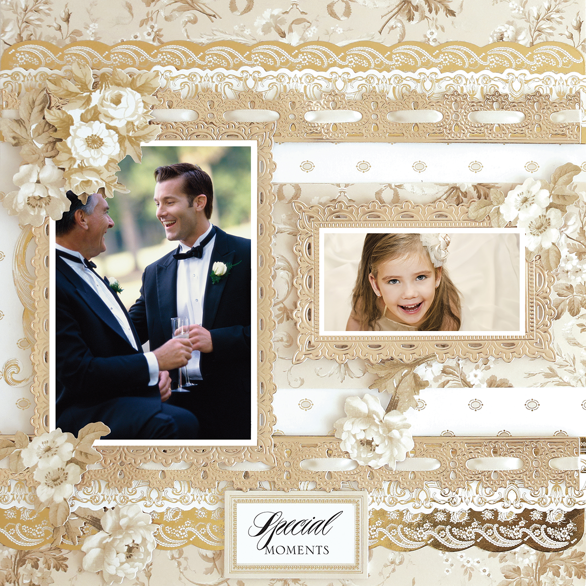 A 12x12 Scrapbook Page Faded Rose Muted Lace Left features a gold and white floral border framing two photos: two men in tuxedos smiling and talking, and a young girl with a hair accessory smiling at the camera. Text reads "Special Moments.