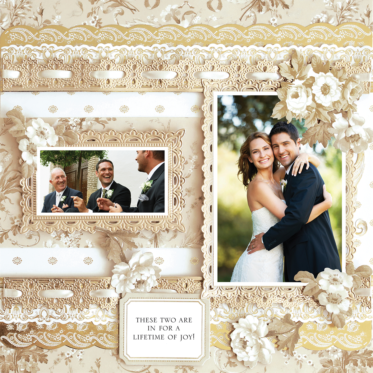 On the 12x12 Scrapbook Page Faded Rose Muted Lace Right, a bride and groom smile in an embrace while the groom laughs with two men. Ornate white and gold floral frames and muted lace elegantly border the photos.