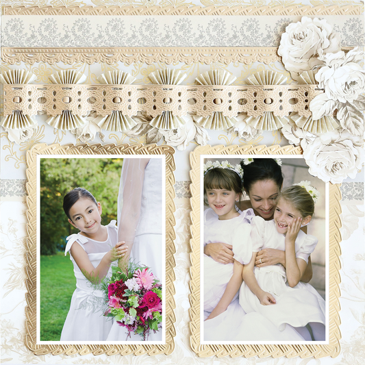 The 12x12 Scrapbook Page Faded Rose Ruffle Border Right features two framed photos—one of a girl with a bouquet, the other of a woman hugging two girls—accented by floral and lace embellishments along the edges.