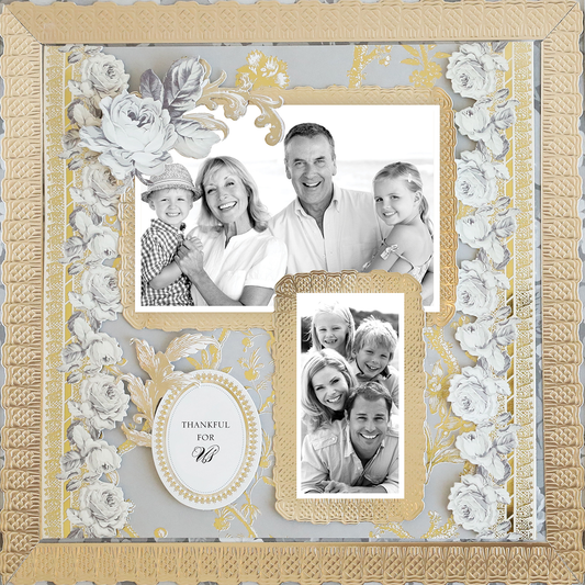 The 12x12 Scrapbook Page Faded Rose Gilded Frames Left features two black-and-white family photos with ornate floral and gold designs, plus an oval label reading “Thankful for us.”.
