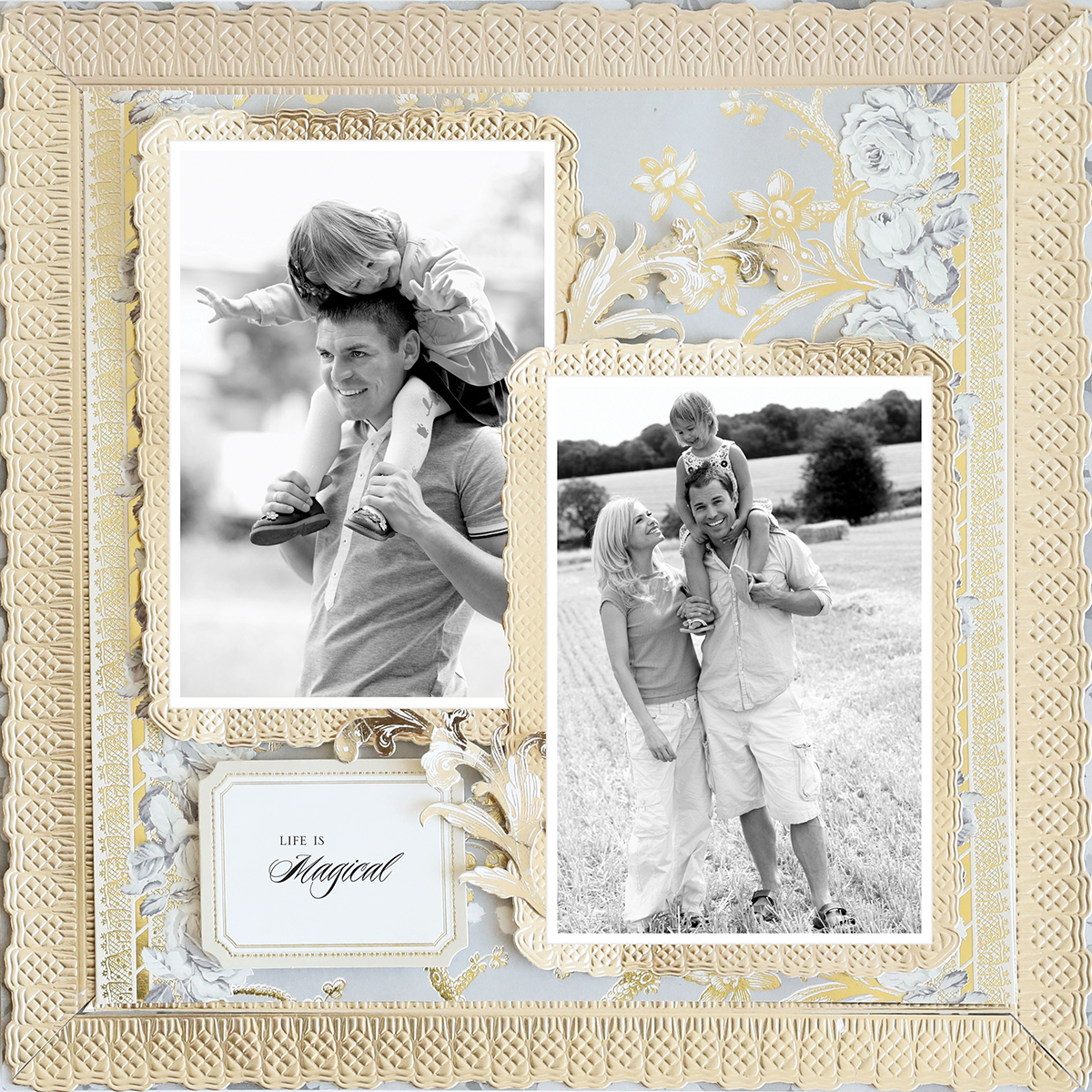 The 12x12 Scrapbook Page Faded Rose Gilded Frames Right showcases two black-and-white family photos—one of a father carrying his child, another of both parents in a field—with the caption "Life is Magical." Perfect for archival display.