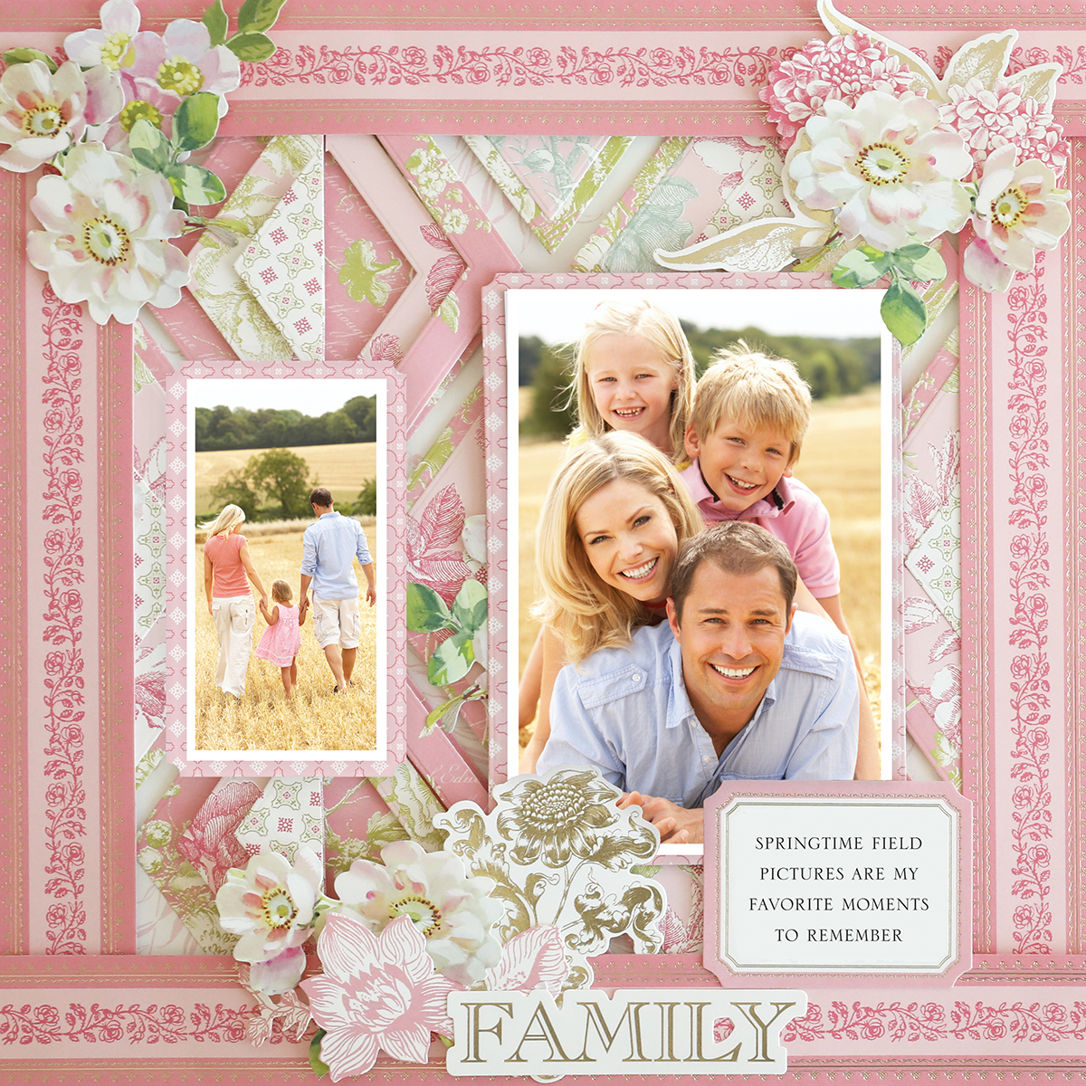 The 12x12 Scrapbook Page Antique Botanical Diamonds Left features family photos, pink floral patterns, and a caption: “Springtime field pictures are my favorite moments to remember. Family.” Perfect for archival use.