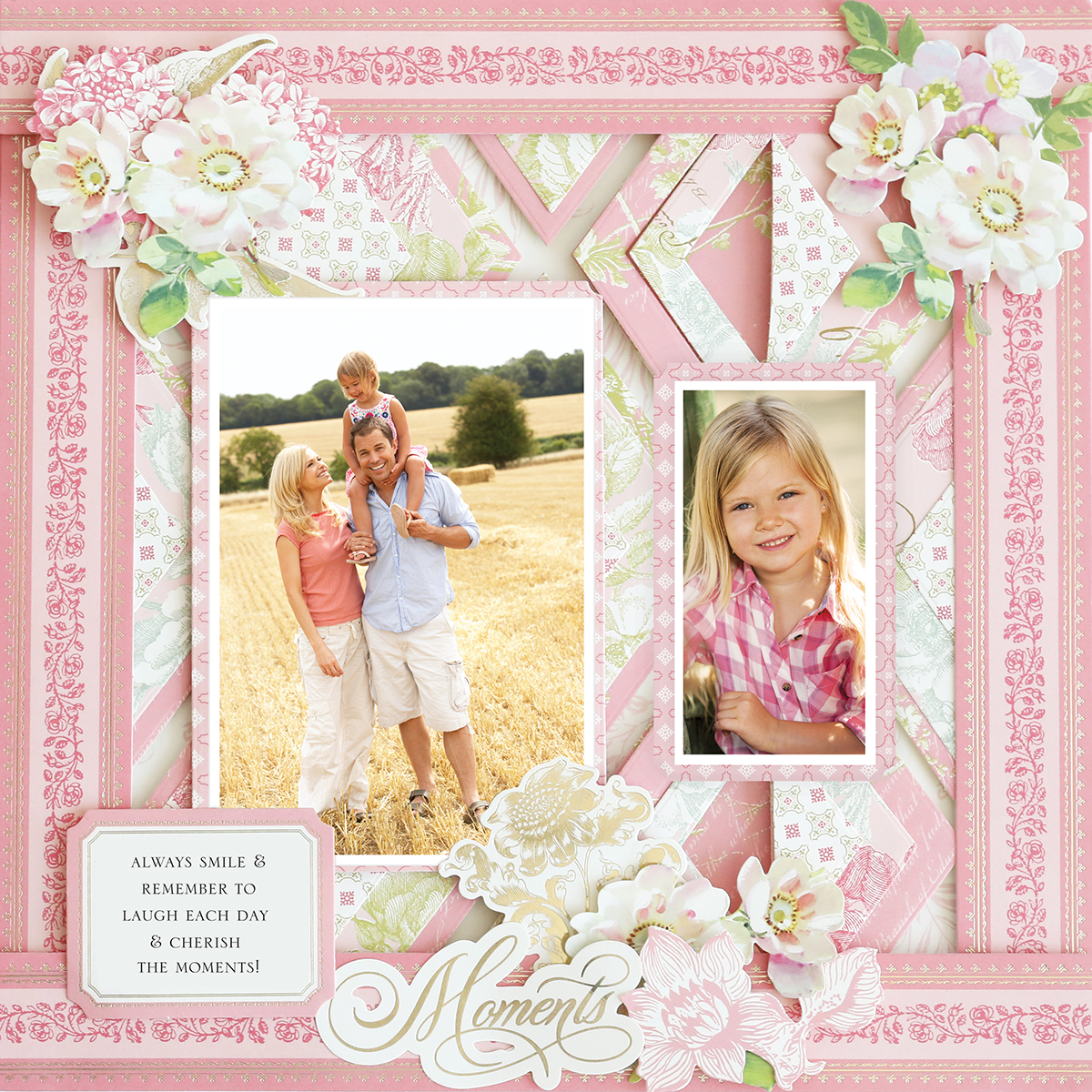 The 12x12 Scrapbook Page Antique Botanical Diamonds Right showcases a family photo in a field, a smiling girl’s portrait, floral embellishments, and a cherished moments quote—ideal for archival use and preserving precious memories.
