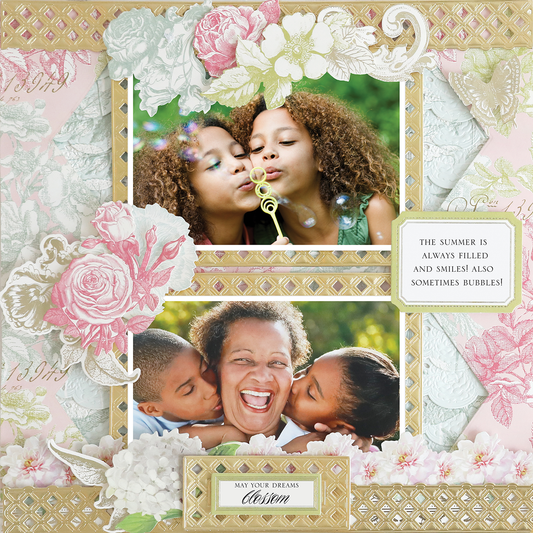 The 12x12 Scrapbook Page Antique Botanical Quilt Frame Left showcases children blowing bubbles, hugging an older woman, and beautiful floral designs with inspirational text, perfect for stunning archival keepsakes.