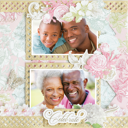 Two smiling people appear in framed photos surrounded by floral decorations, butterflies, and "Celebrate" on the 12x12 Scrapbook Page Antique Botanical Quilt Frame Right—ideal for digital scrapbooks or photo-realistic paper crafts.
