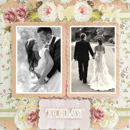 The 12x12 Scrapbook Page Francesca Climbing Rose Left features two wedding photos—one of the couple together, one holding hands—designed with photorealistic paper crafting and archival quality. "TODAY" is displayed below the images.