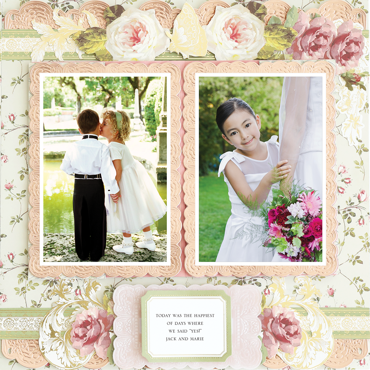 The 12x12 Scrapbook Page Francesca Climbing Rose Right features two photorealistic images—a girl kissing a boy on the cheek, and another holding a bouquet and an adult’s hand—ideal for preserving cherished memories.