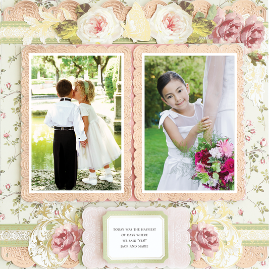 The 12x12 Scrapbook Page Francesca Climbing Rose Right features two photorealistic images—a girl kissing a boy on the cheek, and another holding a bouquet and an adult’s hand—ideal for preserving cherished memories.