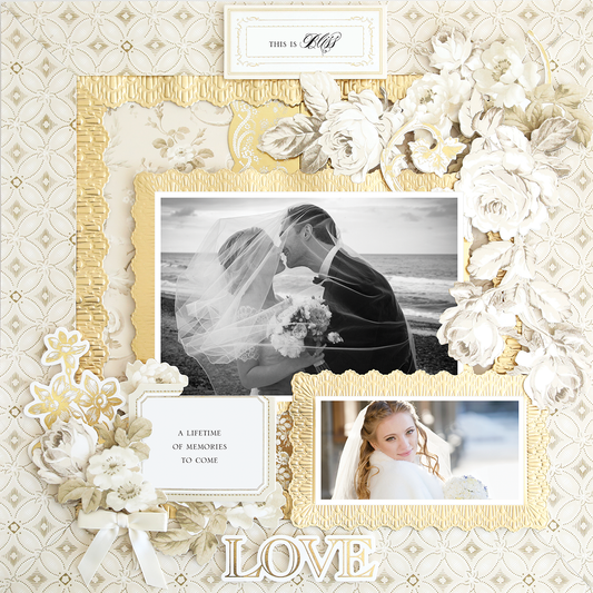 The 12x12 Scrapbook Page Faded Rose Geometric Lattice Left displays a wedding collage with a black-and-white couple's kiss, a color bride portrait, decorative flowers, and "LOVE" at the bottom.