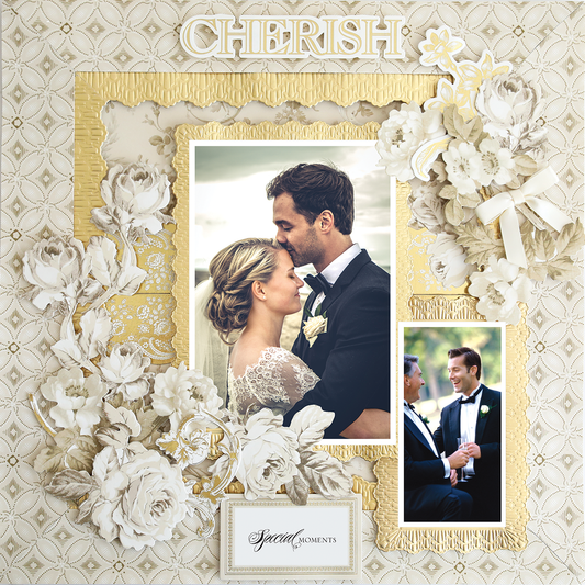 A 12x12 scrapbook page, “Faded Rose Geometric Lattice Right,” features a wedding collage: “Cherish” at the top, a bride and groom embracing, white floral accents, and a smaller photo of the groom with another man.