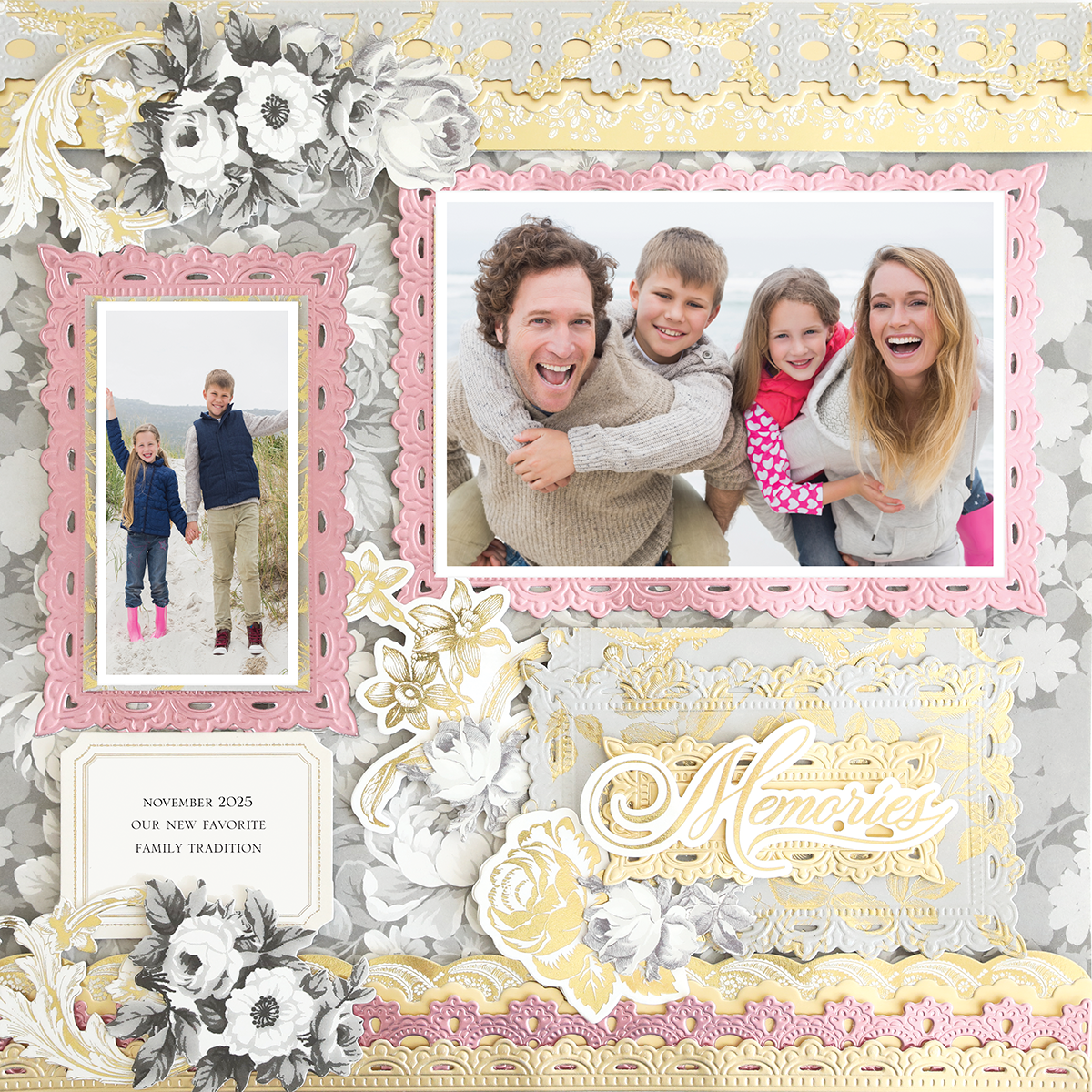 A smiling family of four appears in two framed outdoor photos on the "12x12 Scrapbook Page Faded Rose Pink Left," featuring floral and lace designs in pink, gold, and gray and labeled "Memories.