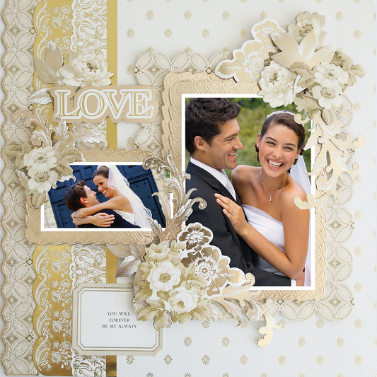 The 12x12 Scrapbook Page Faded Rose Medallion Dot Left features two photos of a smiling bride and groom, floral embellishments, and the word "LOVE" in raised letters for a decorative wedding scrapbook layout.