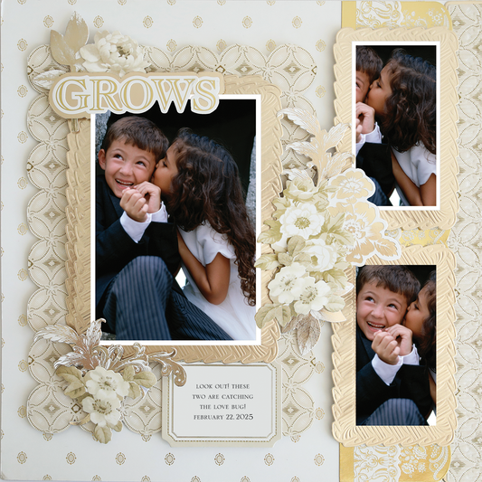 On the 12x12 Scrapbook Page Faded Rose Medallion Dot Right, three framed photos show a girl kissing a smiling boy, surrounded by floral art and the words "GROWS" and "LOOK OUT THESE TWO ARE CATCHING THE LOVE BUG! FEBRUARY 22, 2025.
