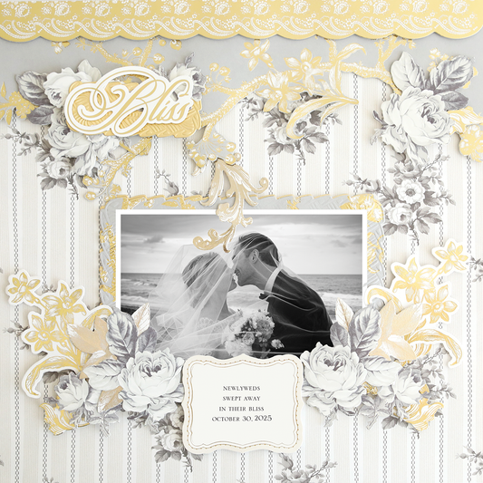 A black and white photo of a bride and groom kissing on a beach is framed by ornate gold and white floral designs, with "Bliss" and the date October 30, 2025, on the 12x12 Scrapbook Page Faded Rose Elegant Branch Left.