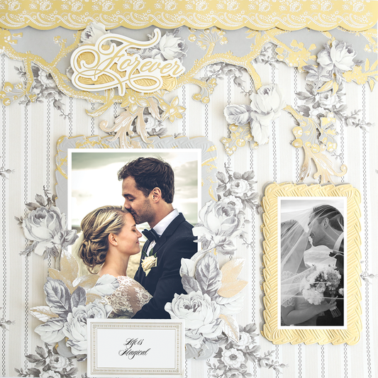 The 12x12 Scrapbook Page Faded Elegant Branch Right showcases two bride and groom photos, floral accents, and "Forever" in ornate script—ideal for preserving wedding memories in a digital archive.