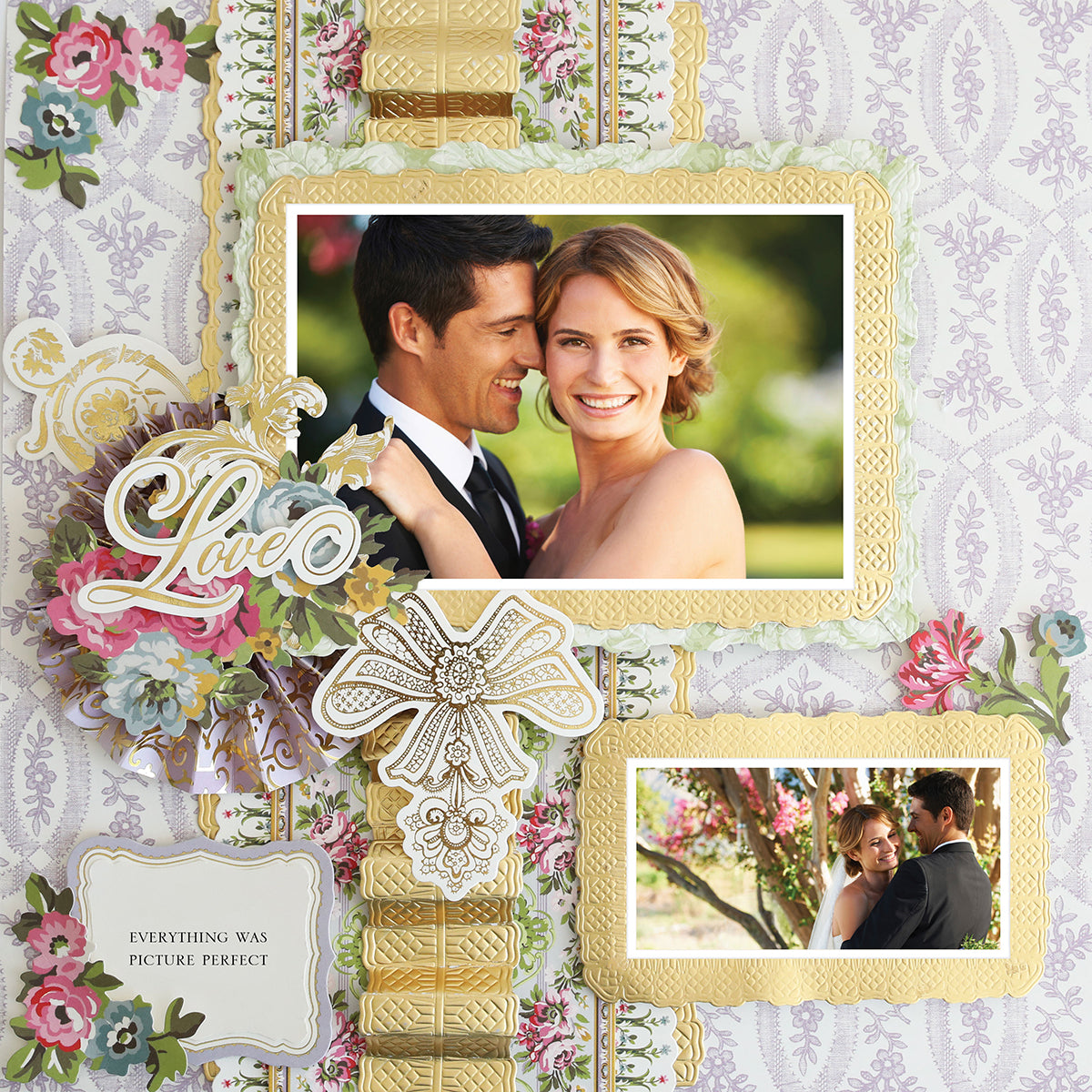 The 12x12 Scrapbook Page Phoebe Purple Left features two framed wedding photos of a smiling couple, floral embellishments, the word "Love" in cursive, and a plaque that says "Everything was picture perfect.