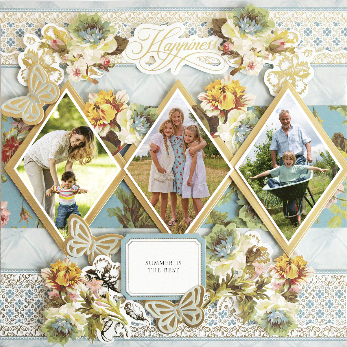 The 12x12 Scrapbook Page Francesca Blue Diamonds Left features three diamond-shaped family photos, floral accents, butterfly cutouts, and "Happiness" and "Summer is the Best" for photo realistic paper crafting.