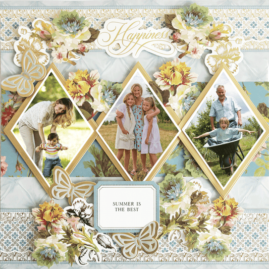 The 12x12 Scrapbook Page Francesca Blue Diamonds Left features three diamond-shaped family photos, floral accents, butterfly cutouts, and "Happiness" and "Summer is the Best" for photo realistic paper crafting.