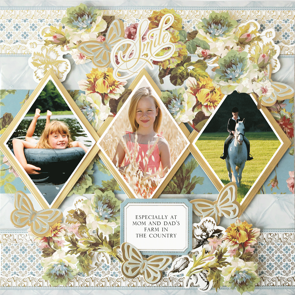 The 12x12 Scrapbook Page Francesca Blue Diamonds Right features three diamond-shaped photo slots with floral and butterfly accents—ideal for archiving swimming, outdoor, and horseback images in photo-realistic paper crafts.