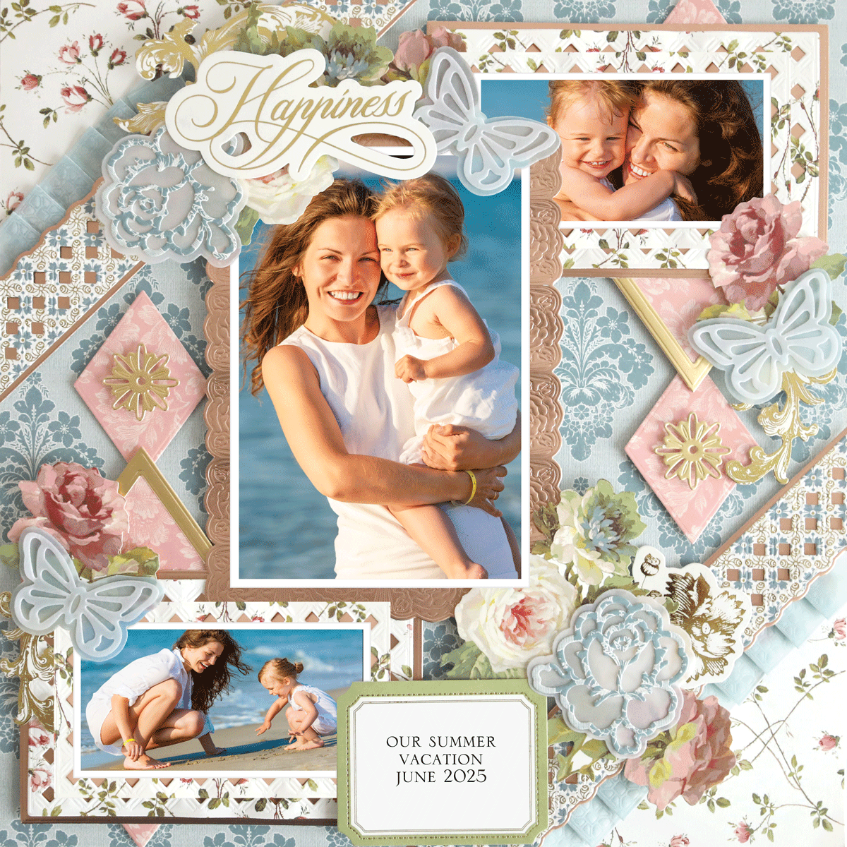 A woman and a young girl smile at the beach on this 12x12 Scrapbook Page Francesca Diagonal Borders Left. Floral and butterfly designs frame their photo. Text: "Happiness" and "Our summer vacation June 2025." Great for realistic paper crafting or archival use.
