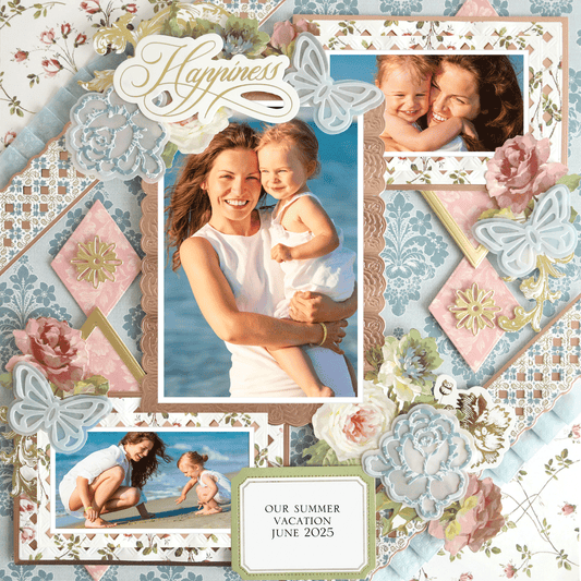 A woman and a young girl smile at the beach on this 12x12 Scrapbook Page Francesca Diagonal Borders Left. Floral and butterfly designs frame their photo. Text: "Happiness" and "Our summer vacation June 2025." Great for realistic paper crafting or archival use.