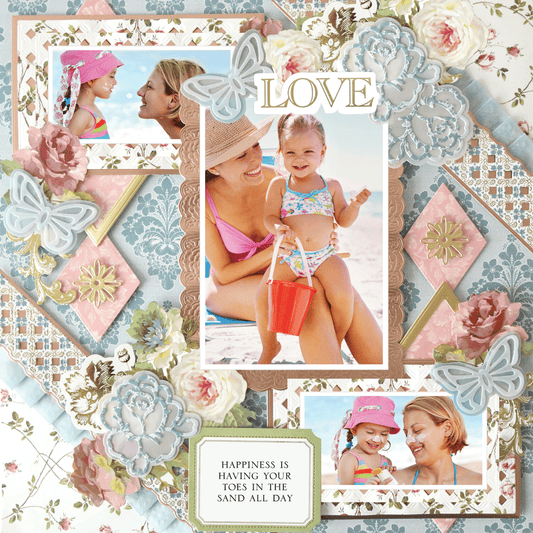 The 12x12 Scrapbook Page Francesca Diagonal Borders Right showcases photo realistic paper crafting, beach photos of a mother and daughter, floral and butterfly accents, and the caption: "Happiness is having your toes in the sand all day.