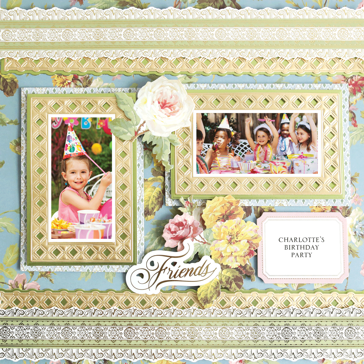 A 12x12 Scrapbook Page Francesca Blue Floral Left, decorated with photos of children at a birthday party, floral patterns, and a "Charlotte's Birthday Party" label featuring the word "Friends.