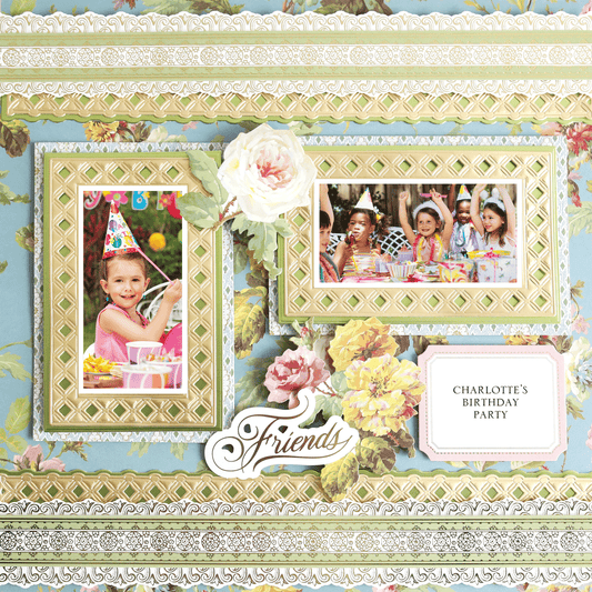 A 12x12 Scrapbook Page Francesca Blue Floral Left, decorated with photos of children at a birthday party, floral patterns, and a "Charlotte's Birthday Party" label featuring the word "Friends.