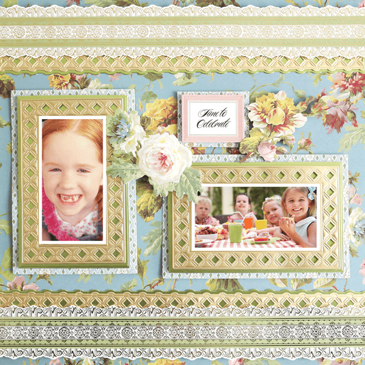 The 12x12 Scrapbook Page Francesca Blue Floral Right is a photo-realistic digital page with floral patterns, two framed photos of smiling children, and a "Time to Celebrate" sign—perfect for crafting beautiful scrapbook prints.