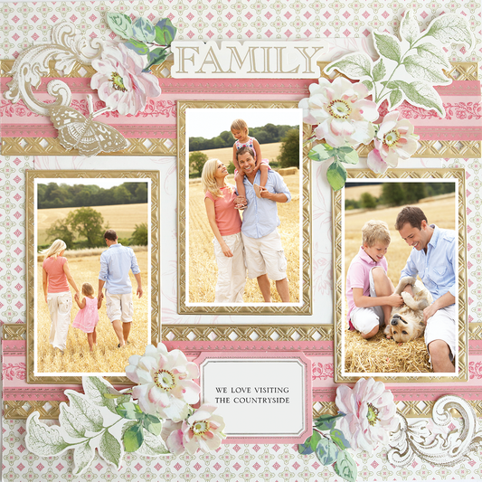 A photorealistic 12x12 scrapbook page, "Antique Botanical Pink Medallion Left," features a family of four with their dog outdoors, decorative floral borders, and "FAMILY" frame—captioned "WE LOVE VISITING THE COUNTRYSIDE." Ideal for archival use.