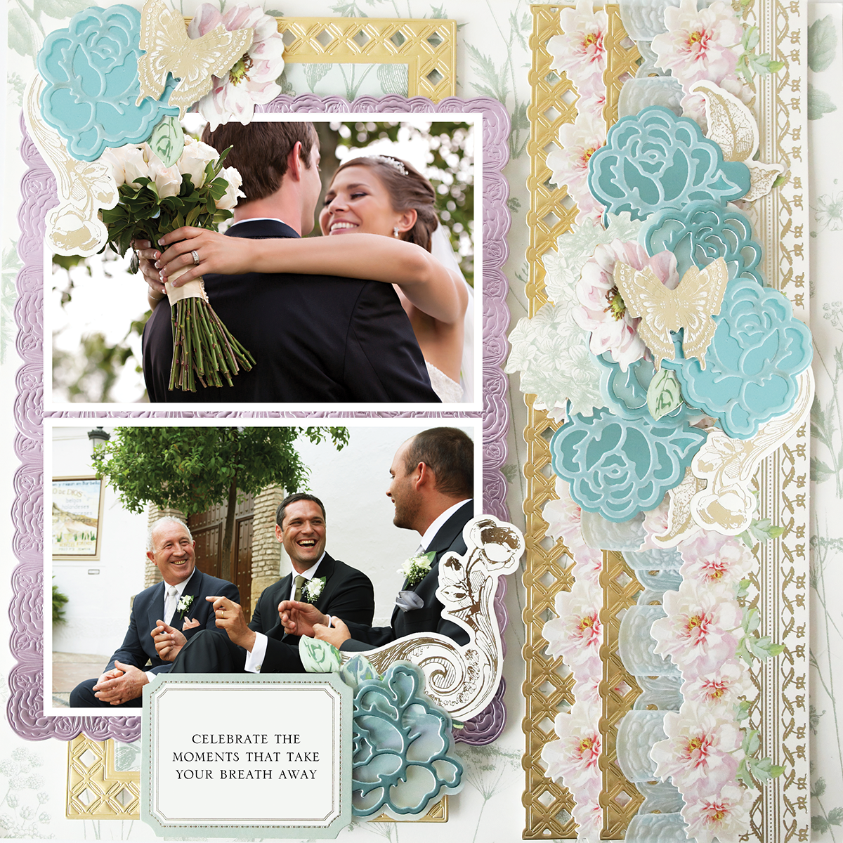 A bride and groom embrace as three men in suits share a laugh, all framed by antique botanical purple borders on this 12x12 scrapbook page, crafted from archival quality cardstock. Caption: "Celebrate the moments that take your breath away.