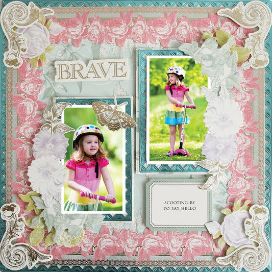 The 12x12 Scrapbook Page Antique Botanical Blue Frames Left showcases two scooter-riding girl photos with floral accents and captions "BRAVE" and "SCOOTING BY TO SAY HELLO," capturing the charm of photo realistic paper crafting.