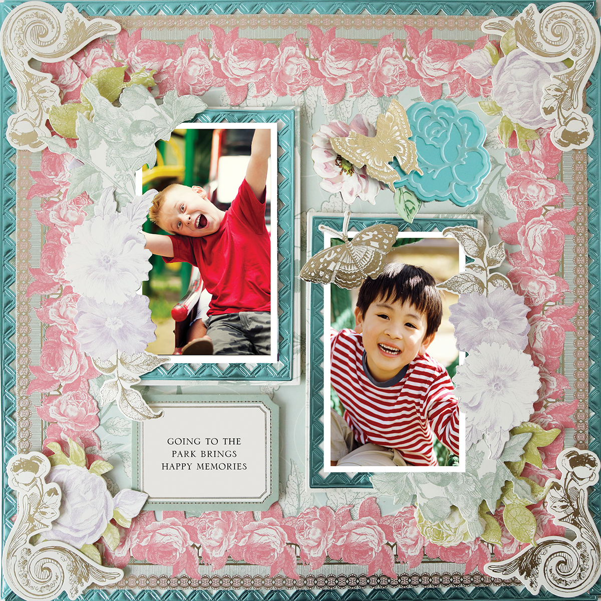 The 12x12 Scrapbook Page Antique Botanical Blue Frames Right features two photos of smiling boys at a park, decorated with floral and butterfly accents, plus a caption: "Going to the park brings happy memories.