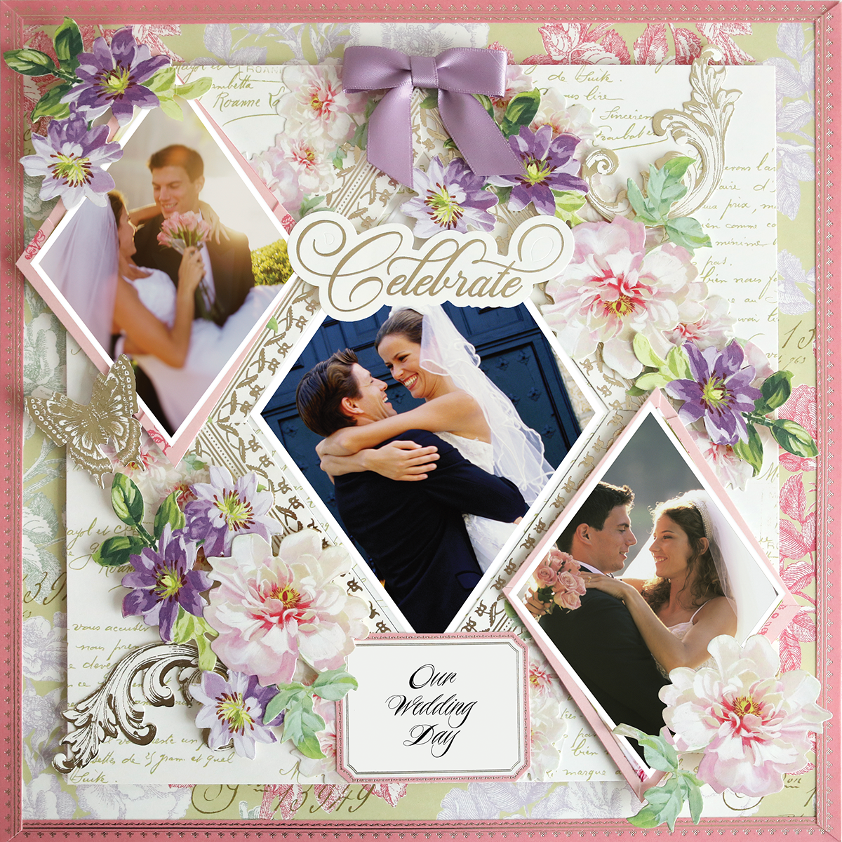 A 12x12 scrapbook page, "Antique Botanical Triple Diamond Frames Left," featuring three bride and groom photos, floral borders, and the words "Celebrate" and "Our Wedding Day.