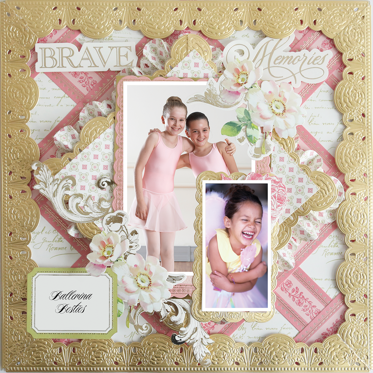 The 12x12 Scrapbook Page Antique Botanical Woven Ground Left showcases gold and pink accents, two smiling children’s photos, floral motifs, "Brave Memories" in script, all on archival quality cardstock.
