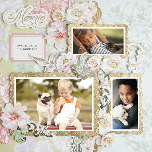 Create lasting memories with the 12x12 Scrapbook Page Antique Botanical Triple Frame Left, featuring three photos of kids and pets amid pastel floral designs, archival quality, and the phrases "PAWS TO ENJOY THE GOOD LIFE" and "Memories.