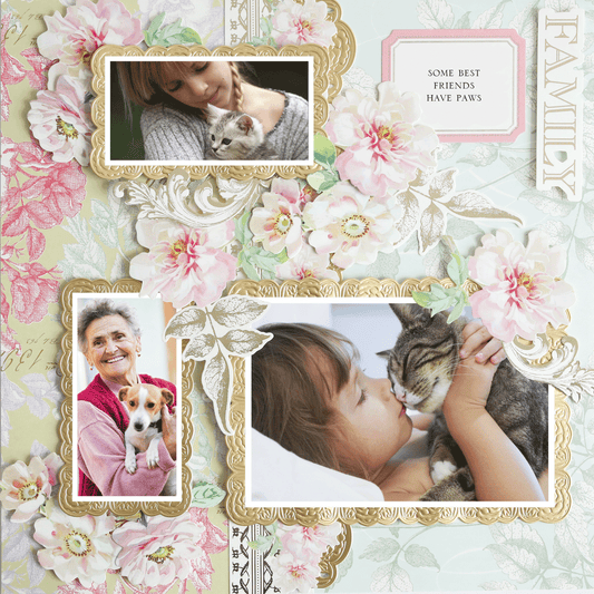 The 12x12 Scrapbook Page Antique Botanical Triple Frame Right features a photorealistic collage with floral borders, showing a woman with a cat, a girl with a cat, and an older woman with a dog. Text: "Some best friends have paws" and "Family.
