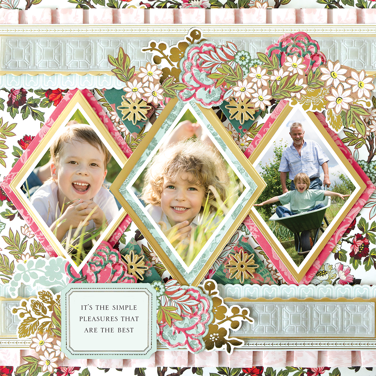 The "12x12 Scrapbook Page Lian Triple Diamond Frames Right" features three diamond-framed outdoor photos, floral accents, and the phrase “It’s the simple pleasures that are the best.” Ideal for archival digital scrapbooking.