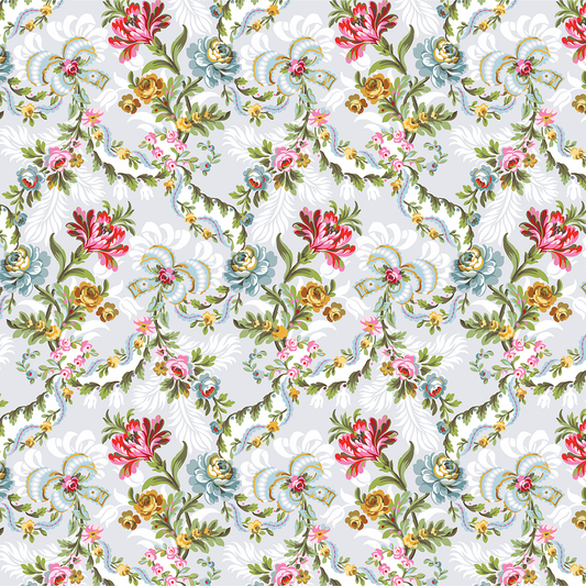 12x12 Phoebe Floral Gray Cardstock (5 sheets) features a repeating floral pattern with red, pink, yellow, and blue flowers, green leaves, and white swirls on light gray—ideal for double-sided cardstock or archival projects.
