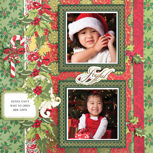 Two framed photos of a young girl, one in a Santa hat, are featured on the 12x12 Scrapbook Page Christmas Candy Cane Holly Right. The design includes holly and ornaments with the caption: "Olivia can't wait to open her gifts.
