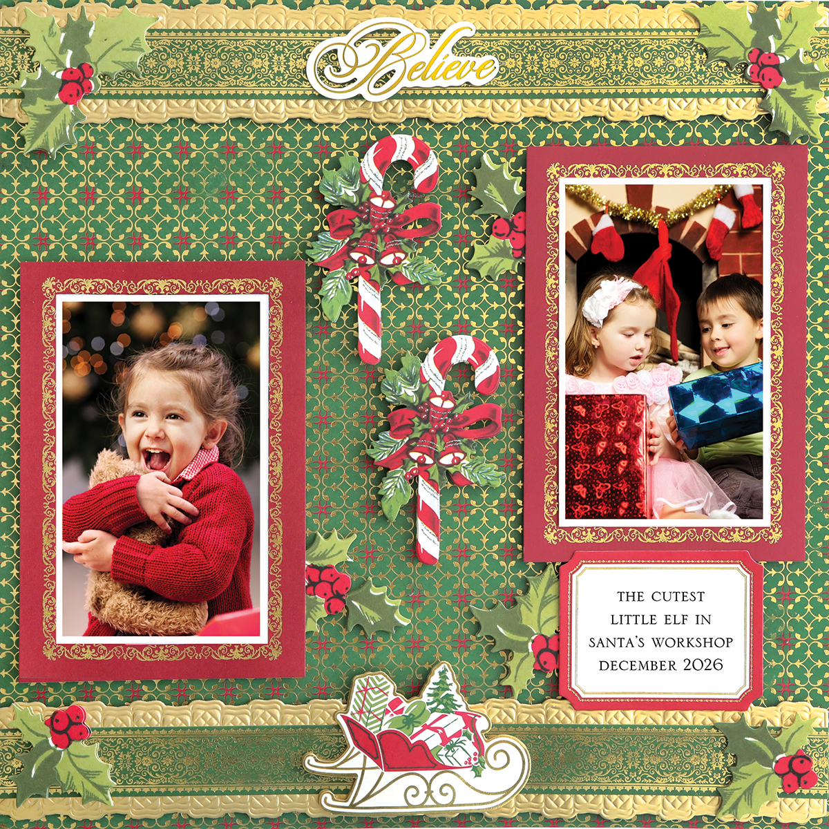 A 12x12 Scrapbook Page Christmas Dark Green Quatrefoil Left featuring two holiday photos of children, realistic paper crafted decorations, candy canes, holly, and the caption “The cutest little elf in Santa’s workshop December 2026.”.
