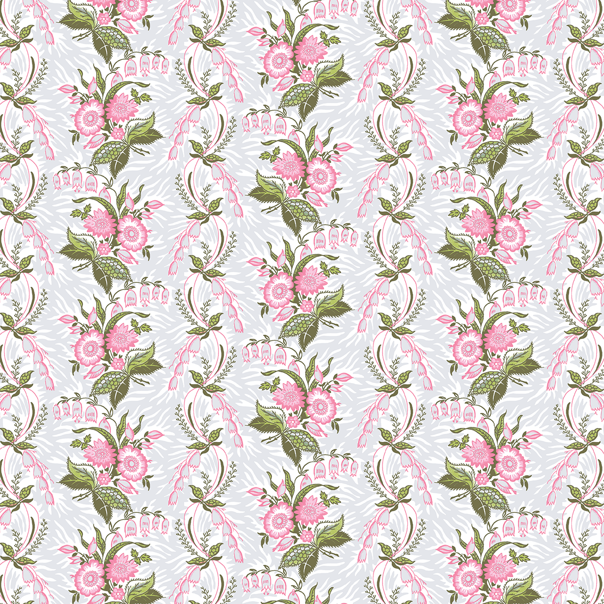 12x12 Phoebe Stripe Grey Cardstock (5 sheets) features a seamless pink floral pattern with green leaves and decorative curved lines on a light gray background—ideal for archival use or double-sided cardstock projects.