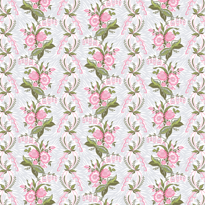 12x12 Phoebe Stripe Grey Cardstock (5 sheets) features a seamless pink floral pattern with green leaves and decorative curved lines on a light gray background—ideal for archival use or double-sided cardstock projects.