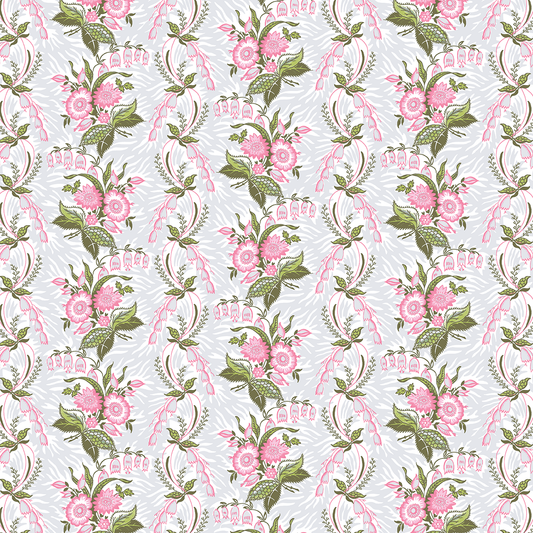 12x12 Phoebe Stripe Grey Cardstock (5 sheets) features a seamless pink floral pattern with green leaves and decorative curved lines on a light gray background—ideal for archival use or double-sided cardstock projects.
