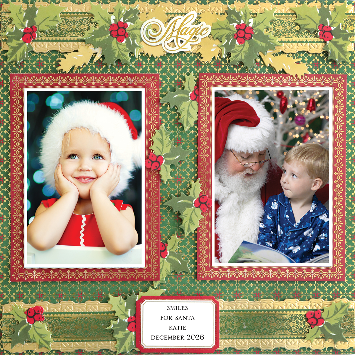 The 12x12 Scrapbook Page Christmas Dark Green Quatrefoil Right displays two framed photos: a smiling child in a Santa hat and another listening to Santa read, with “SMILES FOR SANTA KATIE DECEMBER 2026”—ideal for festive paper crafting.