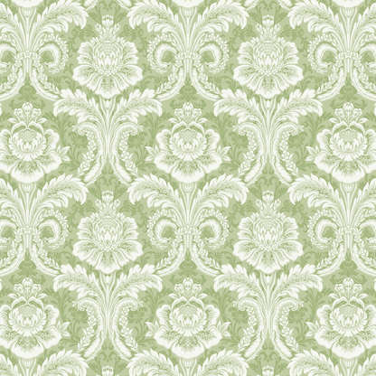 The 12x12 Phoebe Green Filigree Cardstock (5 sheets) features intricate white floral damask designs on light green, with symmetrical flowers and leaves, printed double-sided for versatile, archival-quality crafting.